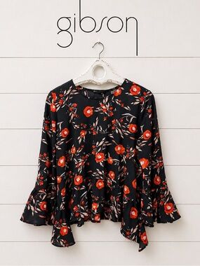 GIBSON Floral Blouse L – Navy/Red